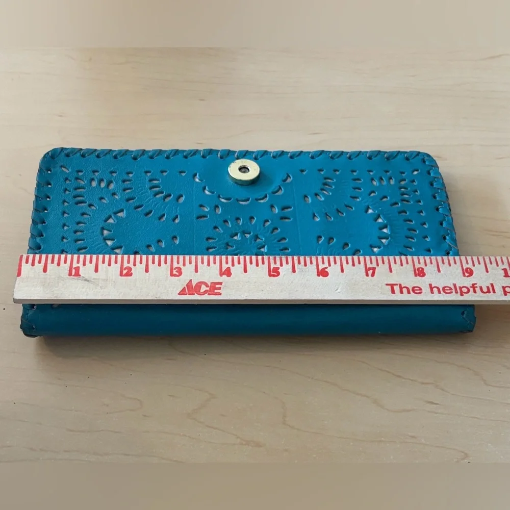 Cleobella Wallet Clutch Womens OS‎ Teal Laser Cut Leather Boho Floral Whipstitch